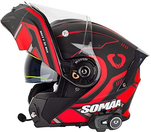 Motorradhelm Bluetooth-Klapphelm,2-3 Personen Intercom-Funktion ,Sturzhelm Anti-Fog-Doppelspiegel, Klapphelm Geschlossenen ECE-geprüft, Integralhelm Funk Sprechanlage für Damen Herren A,4XL