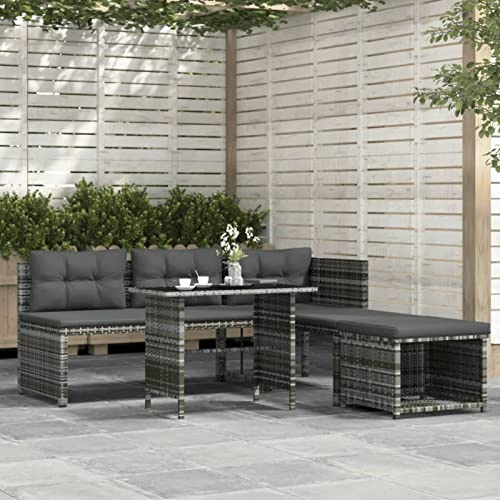 Tidyard 4-TLG. Garten Essgruppe, Gartenmöbel Sitzgruppe, Gartenlounge, 2-Sitzer-Sofa, Eckbank, Fußstütze und Esstisch, Poly Rattan Grau