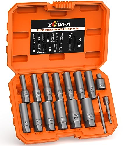 16PCS 3/8 Drive Deep Bolt Extractor Set, Impact Bolt Nut Remover Set, Stripped Lug Nut Extraction Socket Set For Narrow Space Removing Broken, Damaged, Frozen, Rusted, Rounded-Off Bolts, Nuts, Stud
