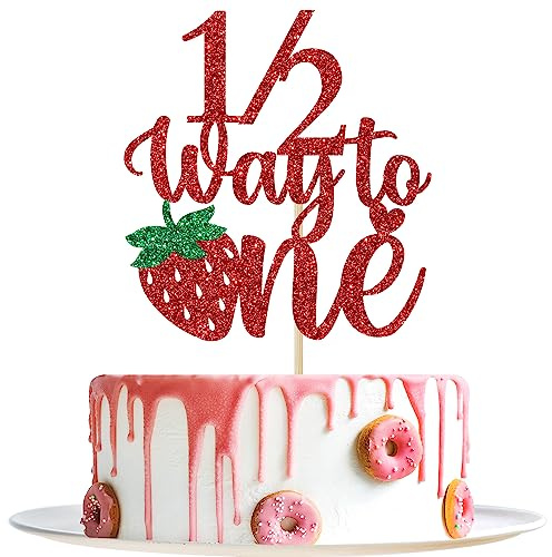 Decoración para tarta de fresa Half Way to One, decoración para tarta de cumpleaños de 6 meses, decoración de fiesta de baby shower con temática de fresa, purpurina roja
