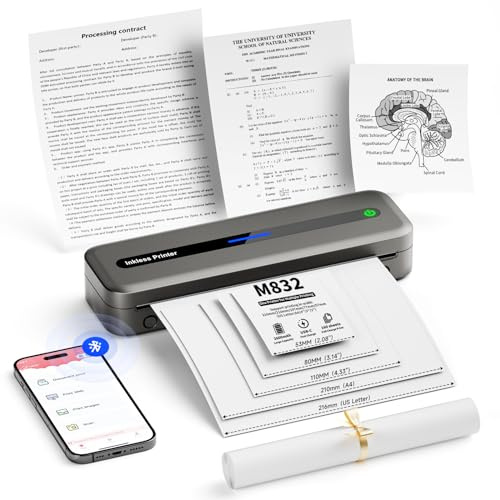 Mobiler Drucker - Mobiler Drucker A4 für Unterwegs, 300DPI 2600mAh Bluetooth Drucker Klein Kompakt Thermodrucker A4, Kompatibel mit Android/iOS/Win/Mac Laptop, Unterstützt Mehreren Größen Thermopapier