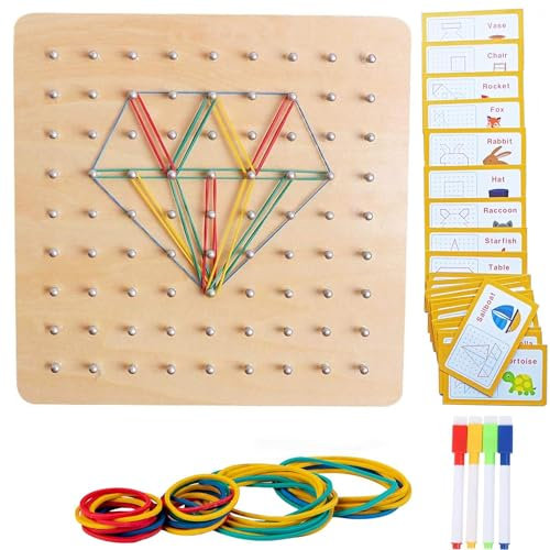 Holz Geoboard Montessori Spielzeug Laubsäge Set für Kinder Geometriebrett Lernspiele Peg Board Form Puzzle mit Muster Karten und Gummi Bändern Knobel Kinderspiele ab 3+ (Type-2)