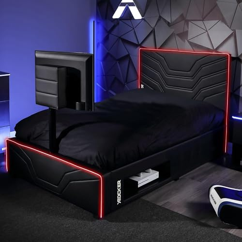 X-Rocker Oracle RGB Gaming Bed with Rotating TV Mount and Neo Fibre LED Lighting, Storage and Cable Management, Single 3ft Low Sleeper Bedstead, 40 TV with 90x190cm Mattress Included - BLACK