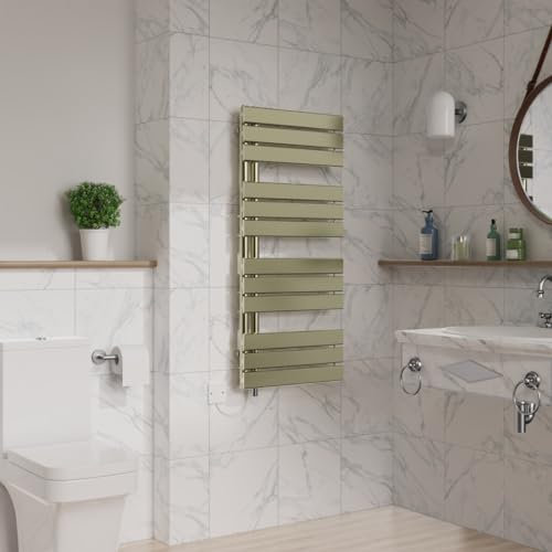 Warmehaus Designer Flat Panel Electric Heated Towel Rail Radiator Wall Mounted Bathroom Ladder Radiators Prefilled Brushed Brass 1126x500mm