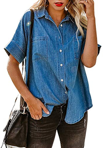 utcoco Women's Button Down Denim Shirt Casual Loose Short Sleeve Jean Shirts Tops with Pockets (Large, Dark Blue)