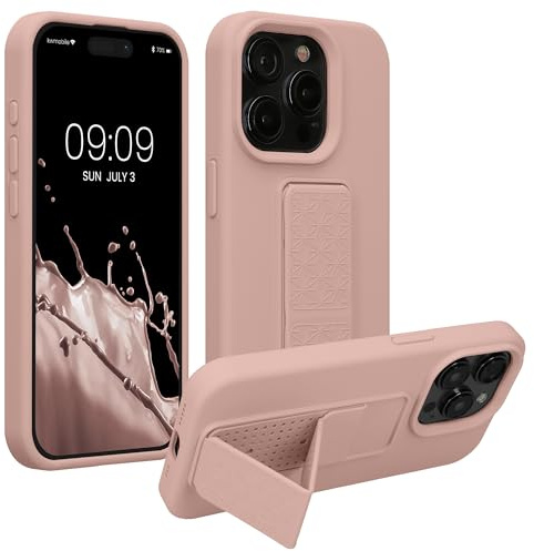 kwmobile Case for Apple iPhone 15 Pro Case - Soft TPU Cover with Silicone Coating - With Hand Strap and Stand Function - Shockproof - Dusty Pink