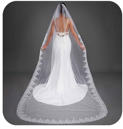 Yalice Spitzen-Brautschleier, Kathedrale, Brautschleier, 296 cm, Langer Schleier für Bräute, 1 Ebene/1T, Glitzer-Pailletten, Randschleier mit Kamm, Elfenbein, 118''