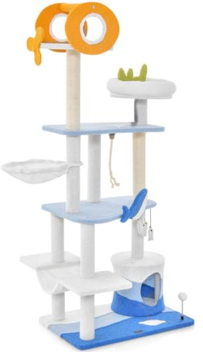 Maxmass Multi-level Cat Tree, 168cm Kitten Tower with Padded Perch, Basket Bed, Hammock, Condo, Sisal Rope Posts and Hanging Toys, Indoor Cats Climbing Frame for Bedroom Living Room Pet Store
