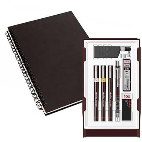 rOtring Isograph S0699380 Fineliner-Stift und Bleistift College-Set, 3 technische Stifte (0,25 mm, 0,35 mm, 0,50 mm) und Druckbleistift (0,5 mm), Zubehör mit Notizbuch