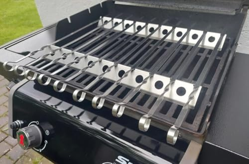 Aganjok Edelstahl V2A Schaschlikaufsatz Grillspieße Spießaufsatz Spießhalter Gestell 470mm 47cm für Gasgrill - Holzkohlgrill (mit 10 Spiessen)