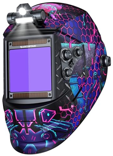 ARCCAPTAIN Schweißhelm mit automatischer Verdunkelung, 10 x 9,3 cm, solarbetrieben, echte Farbe, 1/1/1/1 obere optische Klarheit, Schweißhelm, 4 Lichtbogen-Sensoren, breite Schattierung, 4/5-9/9-13