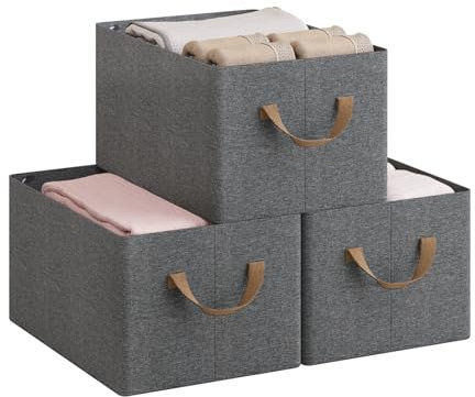 WOLTU Aufbewahrungsbox 3 Stück, aus Polyesterstoff, für Schlafzimmer, Arbeitszimmer, Wohnzimmer, Organizer Box mit Griffen, für Kleidung Spielzeug, faltbar, Grau, 47x20x28 cm