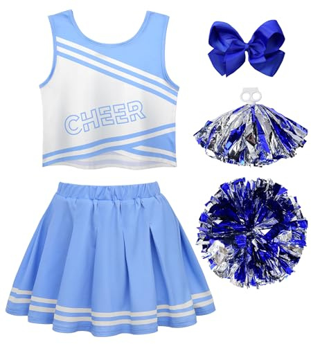 JerrisApparel Cheerleader Costume for Girls Cheer Uniform Dress Up Outfit With Pompoms (Blue, 4T)