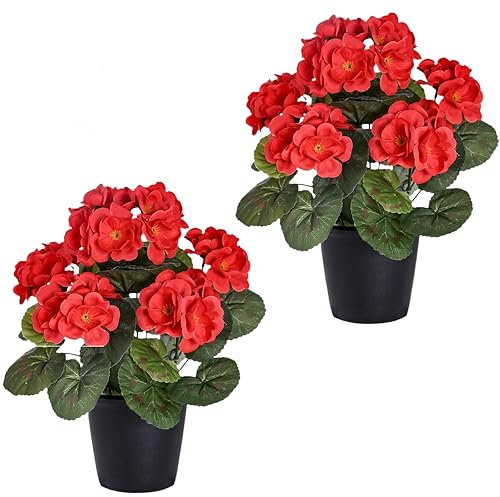 SEBOVIM 2PCS Artificial Geraniums Silk Flowers in Pot Outdoor UV Resistant Red Faux Flower Plants for Indoor Home Garden Grave Decor Funeral Flowers Arrangement
