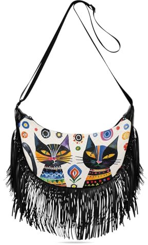 GAIREG Geldbörse mit Fransen Handtasche mit Quaste Boho Crossbody Tasche Western Leder Geldbörse, African Art Cats