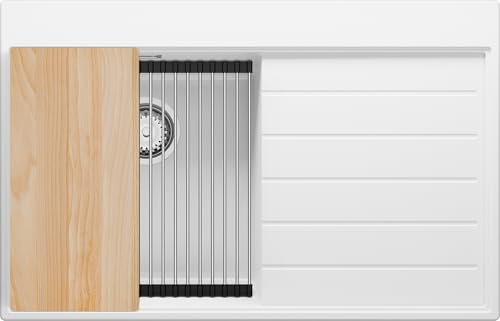 PRIMAGRAN Fregadero Cocina al Mueble 45cm + Kit de desagüe, 78x50cm | Set: Kit de desagüe (sifón, válvula, rebosadero) + Sydney Ergo 1 Seno Granito, Blanco