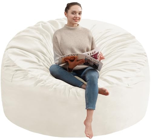 SIMFLAG 5FT Bean Bag Chair, Large Bean Bag Chairs with Memory Foam Filled, Fluffy Beanbag Sofa with Dutch Velvet Cover, Round BeanBag Chairs for Living Room, Playroom - Beige