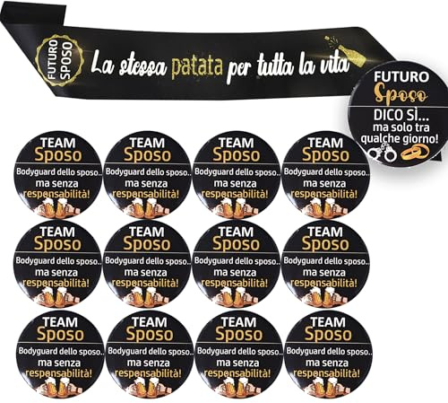 MKISHINE Set Addio al Celibato 14 Pezzi – Fascia Brillante “La Stessa Patata per...” + Spilla Futuro Sposo + 12 Spille Amico dello Sposo – Gadget Divertenti per Festa Celibato Uomo