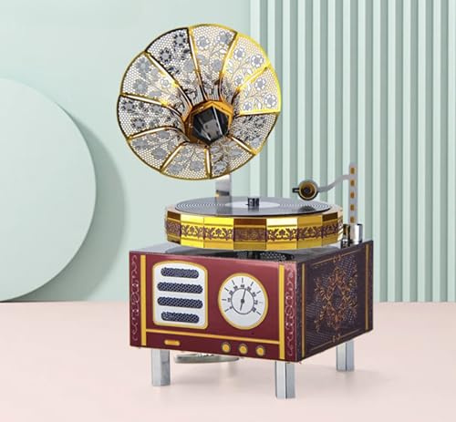 Retro Phonograph Music Box Metal Model Kit – 3D Laser-Cut DIY Puzzle with Movement & Lights