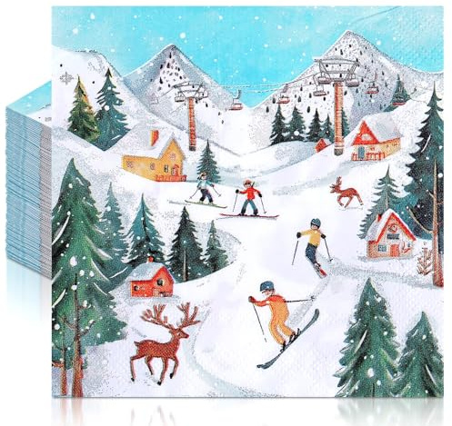 Frienda 60 Pcs Skiing Cocktail Paper Napkins 3-ply 5 x 5 Inch Ski Birthday Party Decorations Skier Snow Disposable Beverage Napkins Decorative for Christmas Winter Baby Shower Wedding Party Supplies