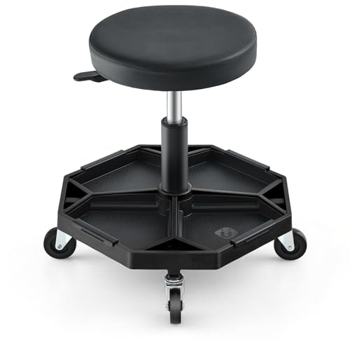 SOARS Werkstatthocker mit Rollen, 41-55cm höhenverstellbar, Rollhocker Werkstatt mit Abnehmbarer magnetischer Werkzeugablage, Arbeitshocker bis 150kg belastbar (Schwarz)