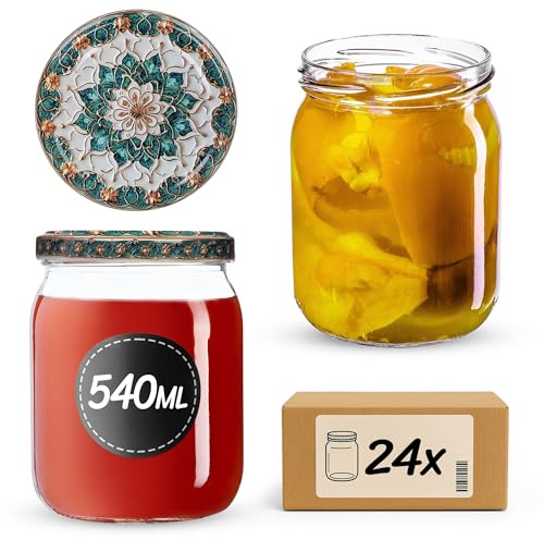 KADAX Einmachgläser 540ml TO82, Sturzgläser Mason Jar mit Schraubdeckel, Luftdichte Twist-off Gläser, Meal Prep, Overnight Oats, Sauerteig (Grün/Gold, 24 Stück)