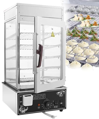 Vaporiera commerciale per panini, scalda vetrina per alimenti caldi, 1200 W, intervallo di temperatura 30-110 ℃, 5 strati, acciaio inossidabile e vetro, ripiani 300 x 300 mm, distanza tra gli scaffali