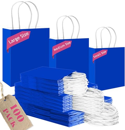 Gcardist Diamantblaue Papiertüten mit Henkeln, Großpackung mit 100 Stück in verschiedenen Größen (groß – 33 Stück, mittel – 33 Stück, klein – 34 Stück)