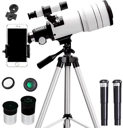 Astronomisches Teleskop für Erwachsene, 70/300 mm Refraktor Teleskope für Kinder und Anfänger, tragbar, Refraktor Teleskop mit Stativ, 20/12/6 mm Okulare, Telefonadapter