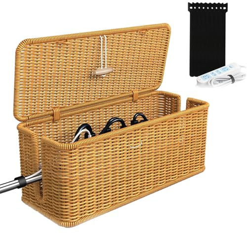 Boîte de Range Cable en Rotin, 1 Pièce Boite Rangement Cable Faite à la Main, Boîtes de Gestion des Câbles Tressées avec Couvercle, Boîte de Rangement pour Câbles, avec 10 Serre Câbles, pour Bureau