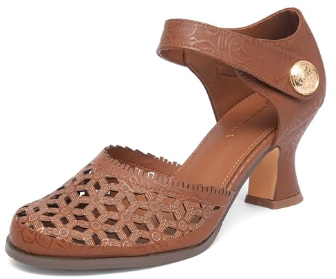NEWBELLA Women’s Mary Janes Vintage Pumps with Adjustable Ankle Strap & Embossed Cutou Design, Comfortable Flared Heels for Casual & Dressy Brown