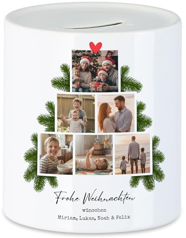 Kiddle-Design Spardose Personalisiert mit eigenen Fotos, Familien Sparschwein zu Weihnachten mit Namen und Bildern Bedrucken, Frohe Weihnachten Fotogeschenk - Sparbüchse als Geldgeschenk