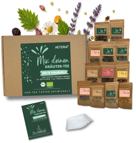 AETERIA® | Vom Tea Taster: BIO Mix deinen Kräutertee | Geschenkset – 12 Zutaten, Rezeptideen & Teefiltern | Kreatives Tee-Geschenk | DIY Teemischung selber machen Set - entdecke deinen Lieblingstee!