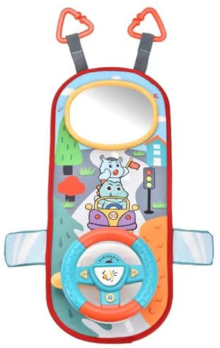 Uanqfegy Rear Facing Car Seat Toy 360°, Baby Steering Wheel Toy with Mirror Music Lights Driving Sounds for Kids 12 Months+ Car Backseat/Green