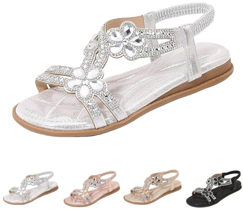 Générique Sandales Femme Été Orthopédiques Fleur Strass Cristal Élégantes Mariage Soirée Plates Confortables Bohème Chic Bout Ouvert Élastique Antidérapantes Nu Pieds Chaussures Femme