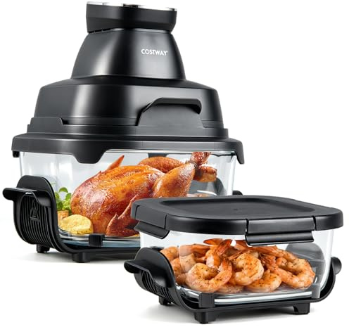 COSTWAY Friteuse sans Huile Portable 4 L ou 1,7 L, 1 500 W, Air Fryer avec 2 Récipients en Verre Empilables avec Couvercles, Design compact, 6 Programmes, Lavable au Lave-Vaisselle (Noir)