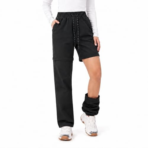 Fjquamitix Womens Hiking Trousers Convertible Zip Off Hiking Trousers Lightweight Quick Dry UV Protection Drawstring Pants for Walking Trekking Camping Black