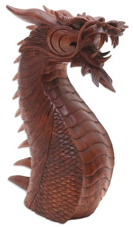 NOVICA Drachen-Skulptur, Holz, 26 cm hoch, Drachenkopf