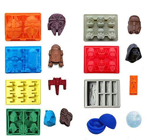 ECOSWAY - Set di 8 stampi in silicone per vassoio di ghiaccio Star Wars, per cioccolatini, Stormtrooper, Darth Vader, X-Wing Fighter, Millennium Falcon, R2-D2, Han Solo, Boba Fett e Death Star