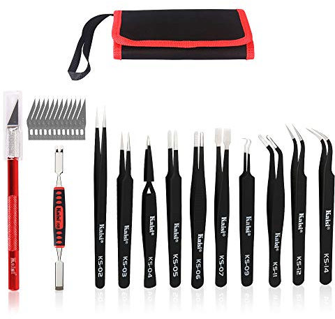 Kaisi 12-Piece ESD Tweezer Set, Anti-Static Stainless Steel Tweezers Kit - Curved, Straight, Pointed Tips for Craft, Jewelry, Electronics, Lab Work