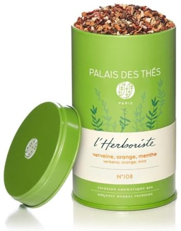 Palais des Thés, VERVEINE, ORANGE, MENTHE BIO - L'HERBORISTE N°108, Infusion aromatique sans théine, Relaxation et Apaisement, Mélange Végétal et Fruité, Boite Métal 130g