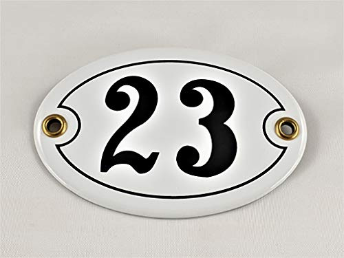 Emaille Hausnummer Schild Nr. 23, oval, Weiß-Schwarz Handarbeit