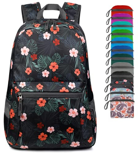 G4Free 25L Faltbarer Ultraleichter Reißfester und Wasserdichter Rucksack Mehrzweck-Tagesrucksäcke zum Wandern Camping Reisen (Blume Schwarz)