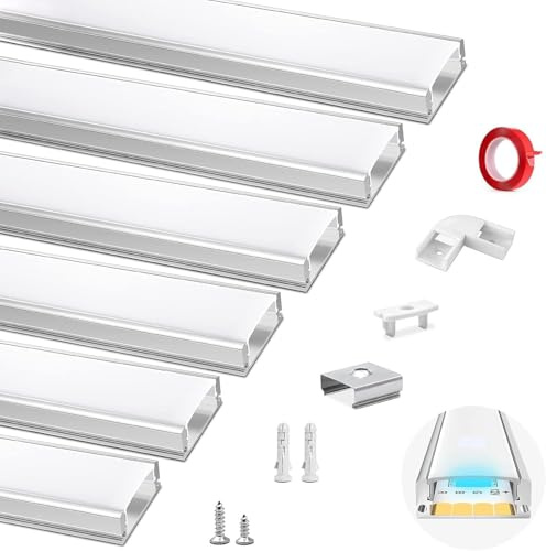 HOMMAND 6 x 1m/3,3ft LED Profil U-Form, Aluminium Kanal mit Diffusor, Eckverbinder, Klebstoff, Endkappen, Montageclips, Innenbeleuchtung, LED-Streifen-Kanal