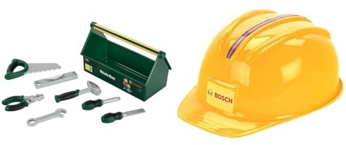 Theo Klein 8573 Bosch Werkzeug-Box I 7-teiliges Werkzeug-Set I Stabile Box mit Tragegriff 30,25 x 14 x 17,25 cm & Bosch Handwerkerhelm I Der Spielzeughelm im Handwerker-Look 25,8 x 19,5 x 11 cm, gelb