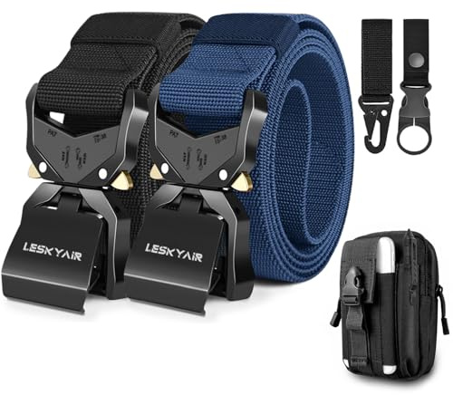 Leskyair 2er Herren Taktischer Gürtel, Arbeitsgürtel Hochleistungsgürtel, Gürtel Militär Wandern 3,8cm Breite, Geschenk mit Molle Beutel und Wasserflaschenclip Haken