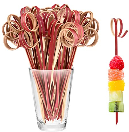 Bekecidi Palitos de Cóctel de Bambú, 100 Púas Comida Brochetas de Bambú, Alillos de Frutas de Bambú, Palitos de Canapé para Aperitivos, Bebidas, Suministros de Fiesta de Alimentos 12 cm (Rojo)