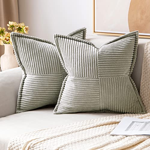 MIULEE 2er Set Kissenbezug 40×40cm Kordsamt Biese Patchwork Hellgrau | Mit Biese und Patchwork Design formstabil farbtreu mit Reißverschluss dekorativ für Sofa Bett Gästezimmer Büro und Terrasse
