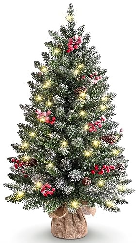OasisCraft 3ft Tabletop Christmas Tree, Pre-lit Xmas Tree with Cloth Bag Base, Mini Christmas Tree with LED Lights, Artificial Christmas Tree with Pine Cones for Table Desk Decoration