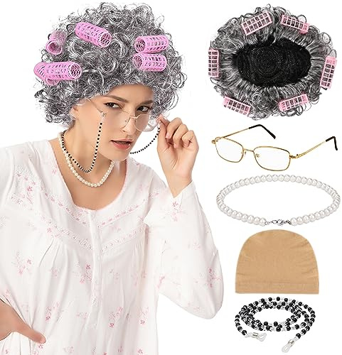 XEPST Old Lady Kostüm Set, Großmutter Cosplay Zubehör | Kostümzubehör Omadeko mit Oma Perücke, Perücke Kappe, Oma Brille, Brillen Ketten, Perlenkette für Halloween Karneval
